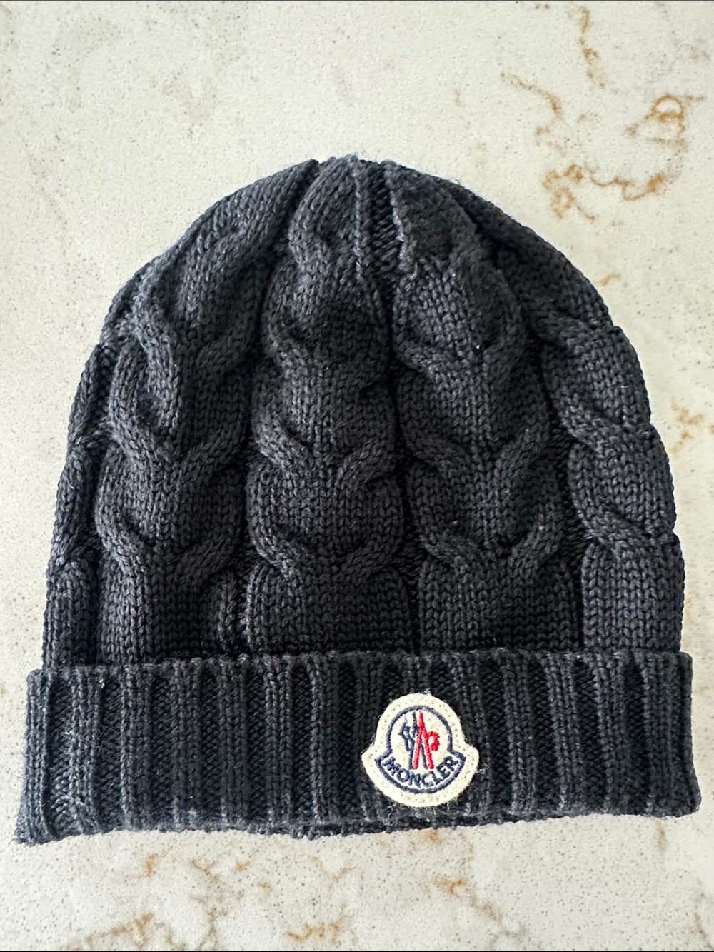 Moncler Black Cable-Knit Kids Beanie with Logo Patch